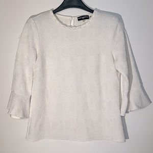 Karl Lagelfeld Belle sleeves flower embellished scoop neck 3/4 ivory blouse